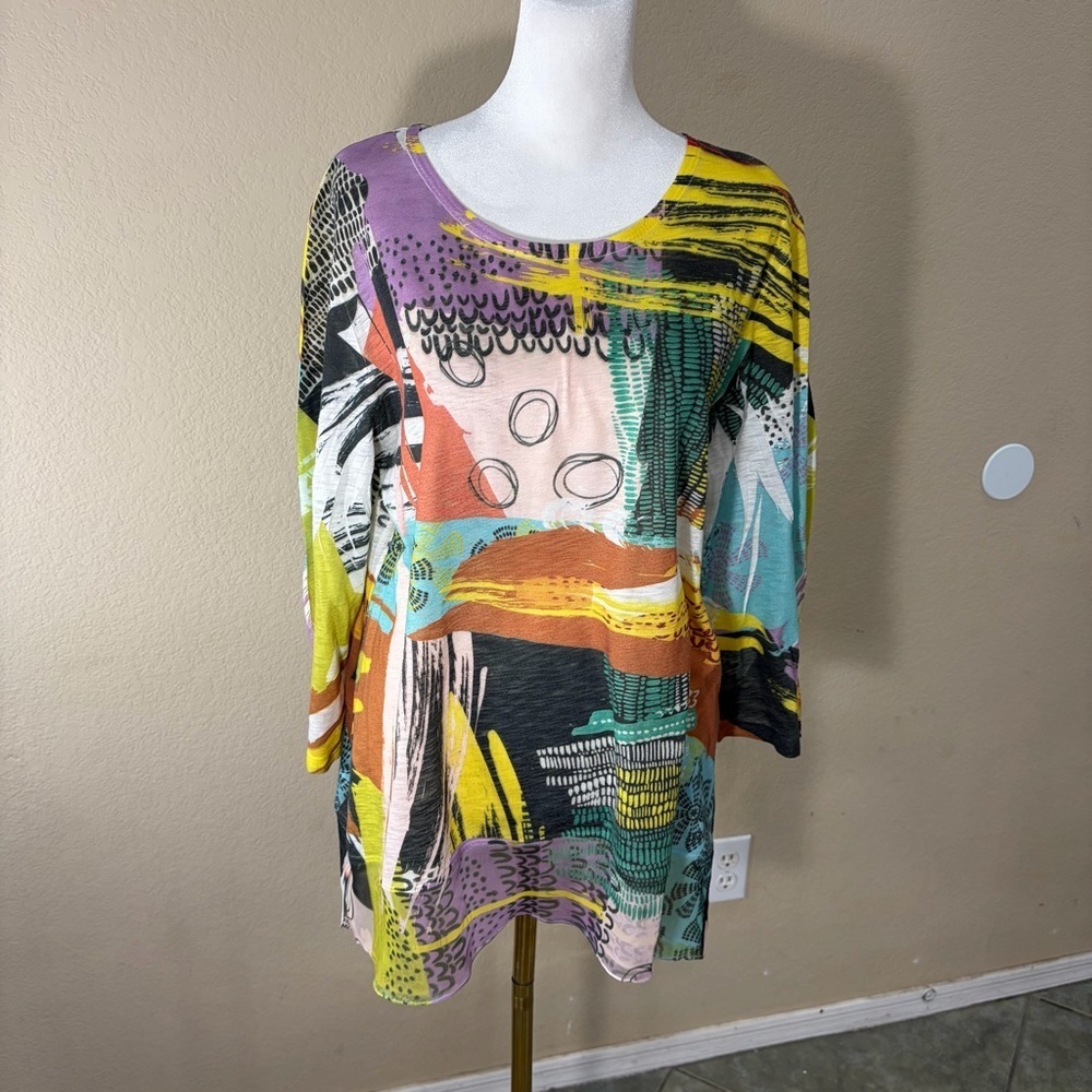 Jess & Jane USA Multicolor Abstract Art Print Tunic Top 3/4 Sleeve sz M Boho
